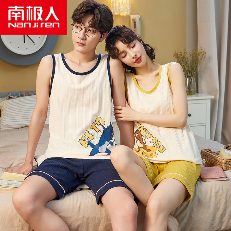 Nanjiren cartoon couple pajamas summer pure cotton thin men and women vest sleeveless shorts pullover home service suit