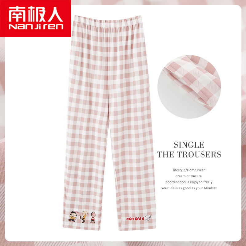 South Pole Cartoon Cute Plaid Sleeping Pants Woman Summer Pure Cotton Slim loose large size trousers Pants Air Conditioning Pants Home Pants