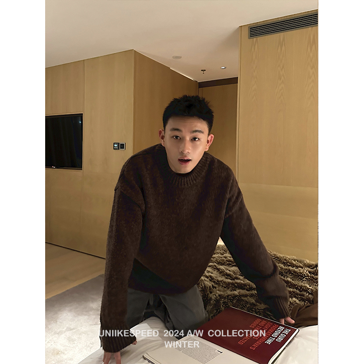 Uniike Greasy Style 4-Color Autumn and Winter Thick Knit Crew Neck Loose Pullover Sweater Unisex Solid Color Knitted Warm Top