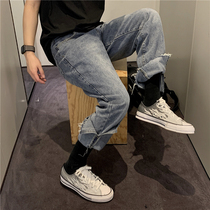 uniike greasy guest ins mens slit trousers straight tube washed jeans niche yuppie style Harajuku casual pants