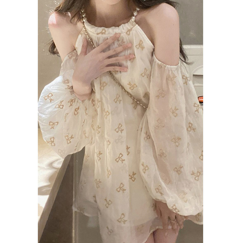 Summer New Style Sweet French Niche Design Pearl Halter Neck Bow Print Off-Shoulder Loose Dress for Women Summer New Style Sweet French Niche Design Pearl Halter Neck Bow Print Off-Shoulder Loose Dress for Women