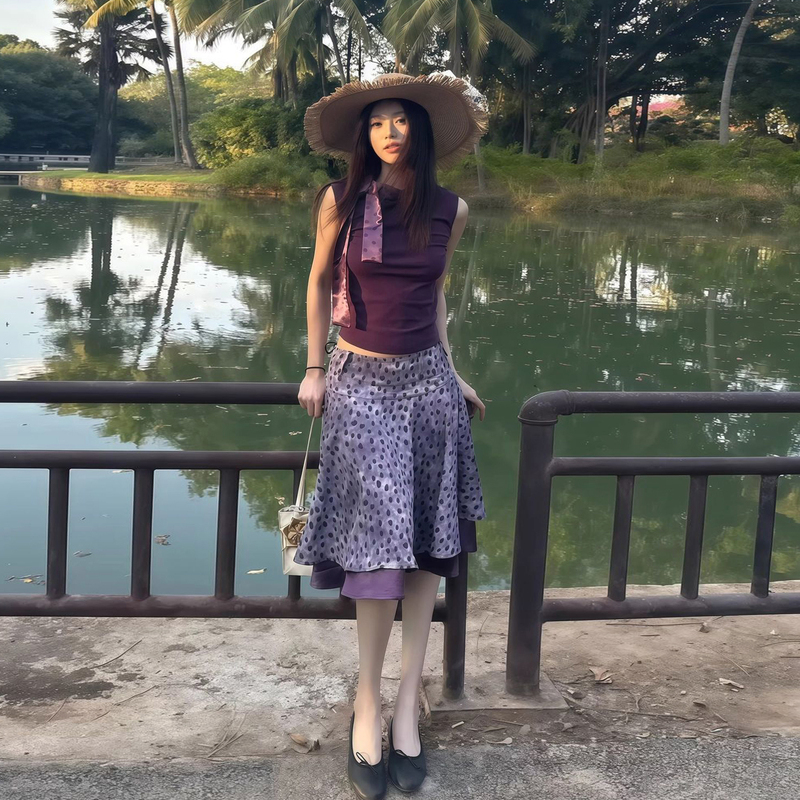 Ancient and Gentle Korean-Style Outfit, Two-Piece Set, Purple Satin Tie-Up Slim-Fitting Top, High-Waisted Slimming Skirt