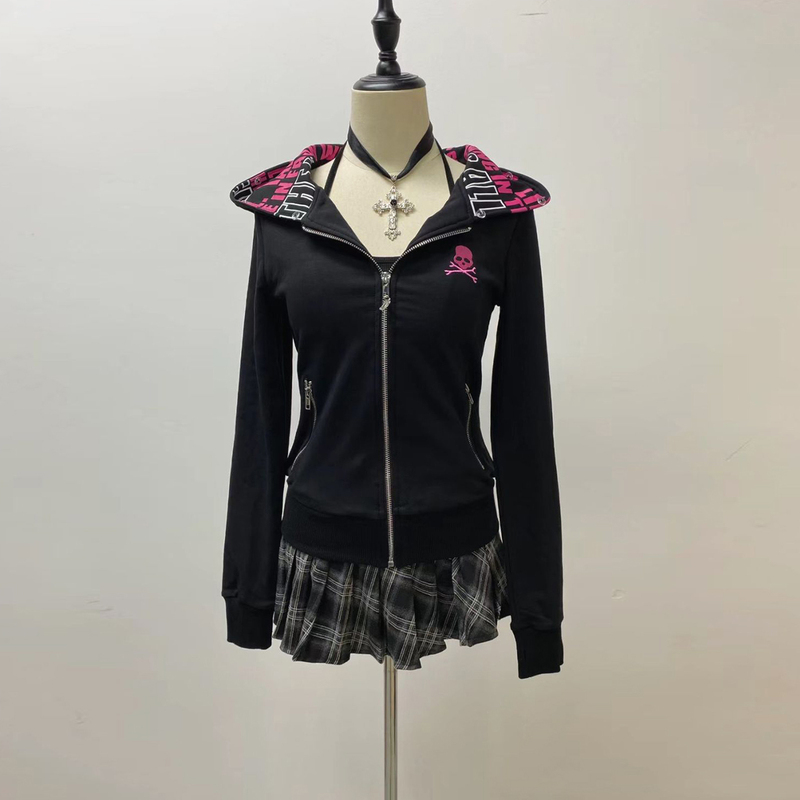 Yageng American-Style Niche Retro Vintage Skull Letter Hoodie for Women with Zipper Pockets and Slimming Effect