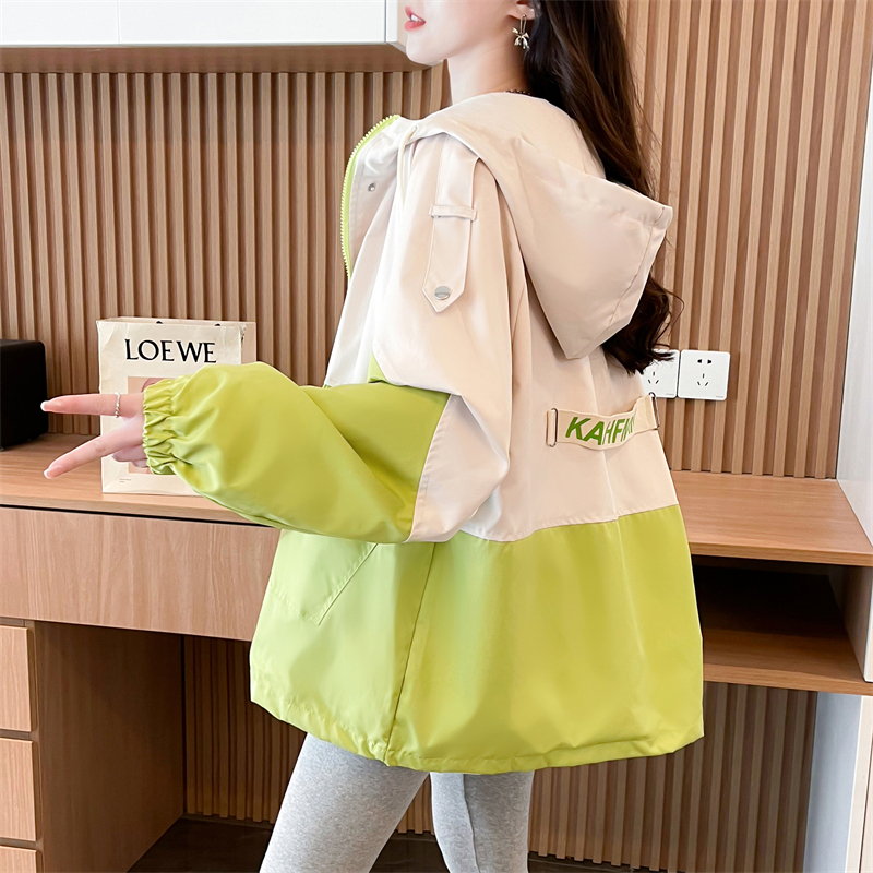 High-End Color-Blocked Hooded Cardigan Work Jacket for Women Spring & Fall Thin Loose Student Assault Windbreaker Jacket Top