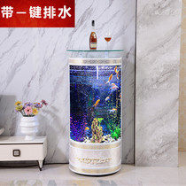 European semi-circular drainage fish tank living room ecological aquarium cylindrical glass goldfish tank TV background wall 1 4m