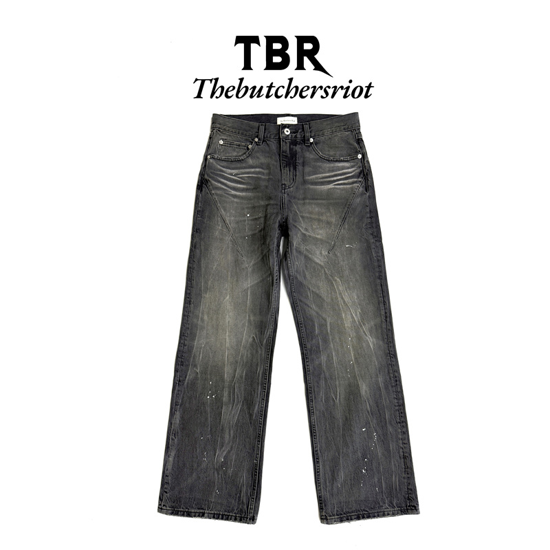 Tbr First Anniversary Laser Silver Buckle Cow King Washed Mud-Dyed Distressed Loose Straight Black Jeans Long Pants Tbr First Anniversary Laser Silver Buckle Cow King Washed Mud-Dyed Distressed Loose Straight Black Jeans Long Pants