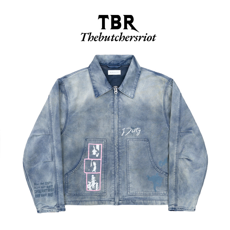 Tbr Punk Print French Blue J22 Beaded Canvas Thin Jacket Short Style Jacket