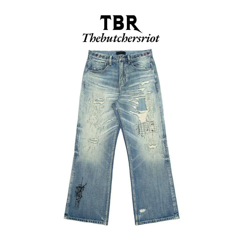Tbr X Sod Collaboration Cobain Element Embroidered Print Boro Washed Blue Loose Straight-Leg Jeans