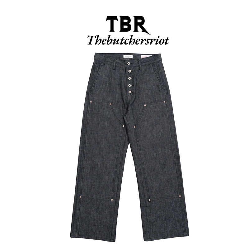 Tbr Okayama Horse Leather Patchwork Double-Knee Five-Button Loose Straight Black Raw Denim Jeans