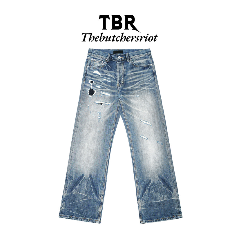 Tbr Windmill Series 003 Ice Flame Patch Distressed Washed Slim Fit Straight Leg Jeans Tbr Windmill Series 003 Ice Flame Patch Distressed Washed Slim Fit Straight Leg Jeans