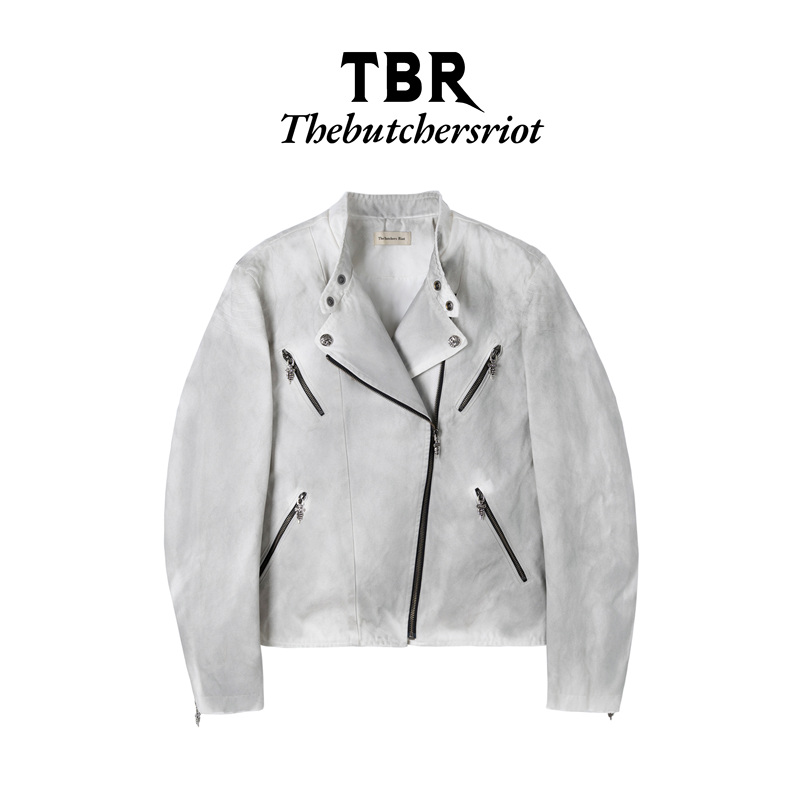 Tbr White Mole Diagonal Zipper Biker Jacket Slim Fit Style