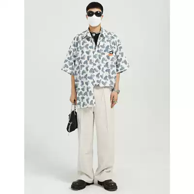 Dosho2021 summer new blue fresh short sleeve shirt men loose Harajuku wind full printed love shirt men