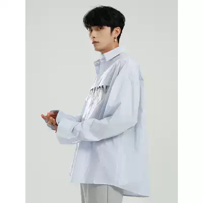 Dosho Men's Korean Retro Design Sense Joker Loose hipster Letter Striped Casual Shirt