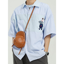 Dosho mens 2021 summer new Korean version of the stitching embroidery design shirt mens trend striped short-sleeved shirt