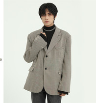 Dosho mens Korean style loose Chidori plaid suit Retro casual all-match casual single western jacket mens trend