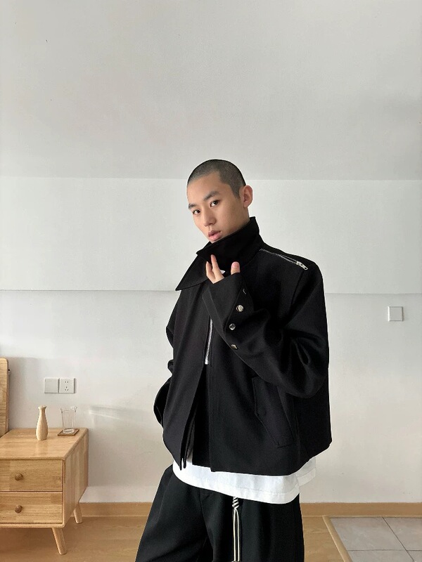 Roes New Zealand Imported Shoulder-Padded Short Zip-Up Blazer Jacket, Blended Short Boxy Style for Commuting