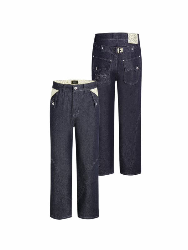 Roes Elegant'Floral' Raw Denim Loose Versatile Cleanfit Heavy Flared Jeans Unisex Long Pants