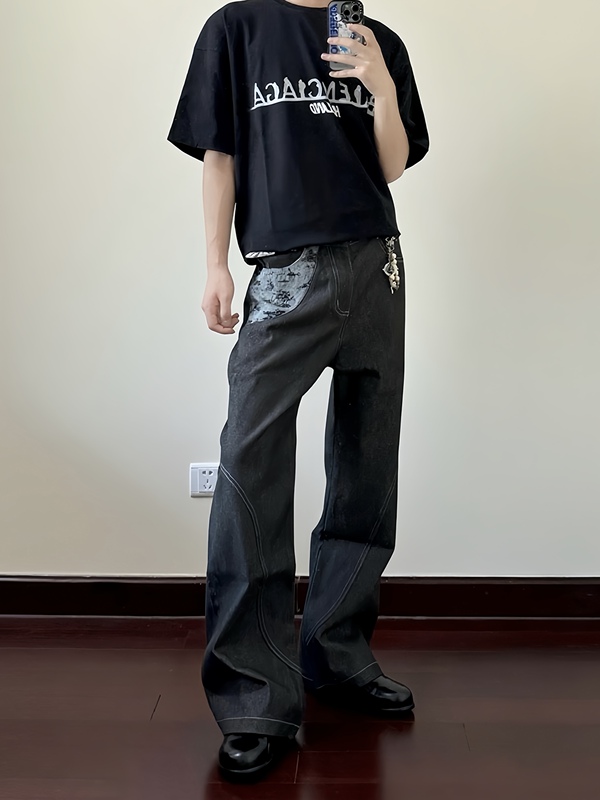 Roes "Landscape Painting Style" Original Wide-Leg Denim Pants with Narrow Hem, Loose Jacquard Patchwork, Heavyweight Flared Jeans for Men and Women