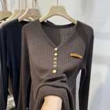 Трикотажный свитер, весенний осенний лонгслив, V-образный вырез, премиум класс, облегающий крой