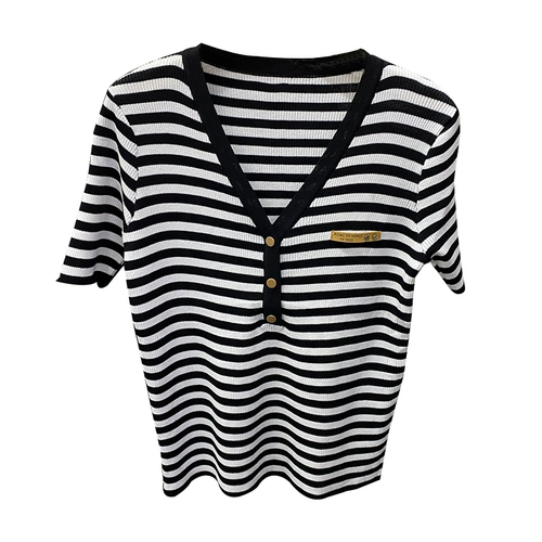 Трикотажный свитер, летняя дизайнерская тонкая шелковая футболка с коротким рукавом, V-образный вырез, тренд сезона