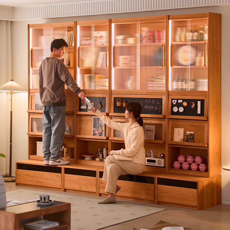 Solid Wood Bookshelf Storage Cabinet in Cherry Wood, Living Room Combination Booth Bookshelf, Integrated Full-Wall Study Room Bookshelf Solid Wood Bookshelf Storage Cabinet in Cherry Wood, Living Room Combination Booth Bookshelf, Integrated Full-Wall Study Room Bookshelf