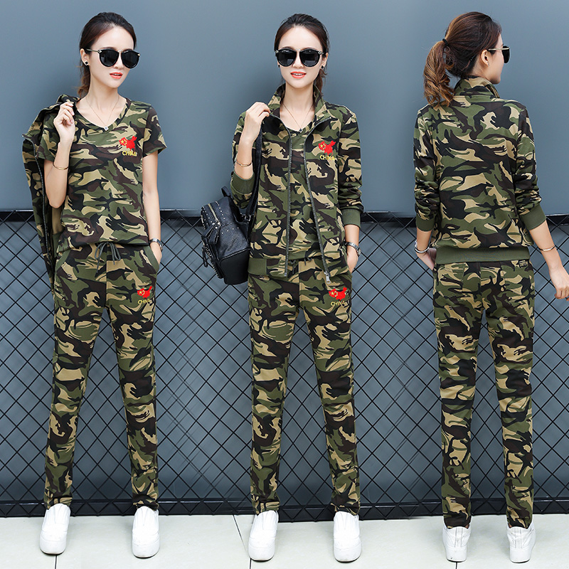 2021 outdoor camouflage suit women's spring and autumn new knitted fashion military uniform loose elastic sports three-piece suit tide