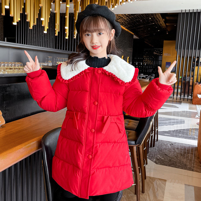 Girls Down Cotton Cotton Winter Clothing 2023 New Children's Han Gas Long - Clothing Rouge Cotton Coat Coat Coat Coat