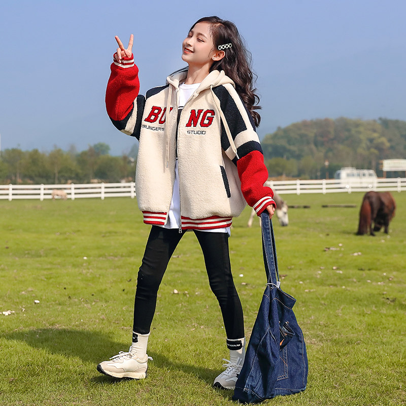 Girls Lamb Suede Cover Fall and Winter 2023 New Han Ocean Gas thickened and plus children's sweater