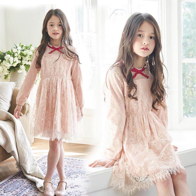 Girls Korean version dress spring and autumn long-sleeved lace embroidery girl princess skirt 2021 new western style children's skirt