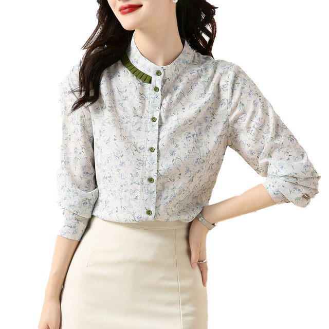 Long-sleeved floral shirt ladies spring stand-up collar chiffon shirt 2023 spring and autumn new French temperament shirt top