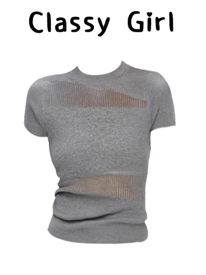 灰色镂空针织短袖t恤女春夏季修身高腰露脐内搭打底冰丝短款上衣