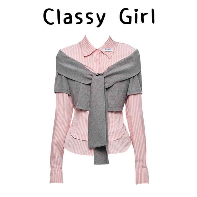 【Pink and Gray Color Block】Korean Style Two-In-One Shirt for Women, Early Spring Miu Style Pink Shirt, College Style Slim-Fit Top
