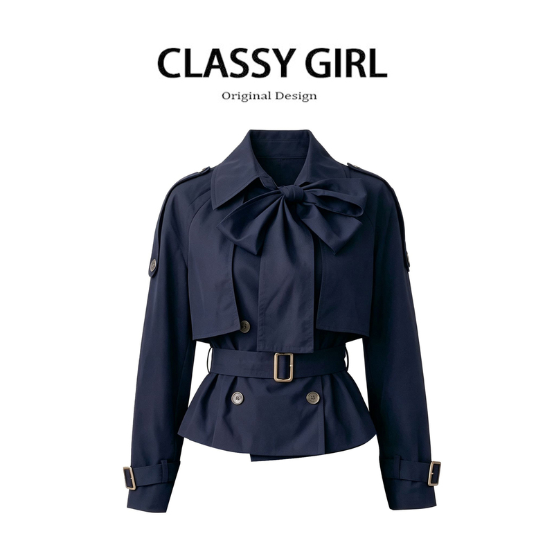 Talking about the Seaside, the Short Waist-Cinching Trench Coat with a British-Style Bow Design Is a Trendy and Elegant Autumn Outerwear