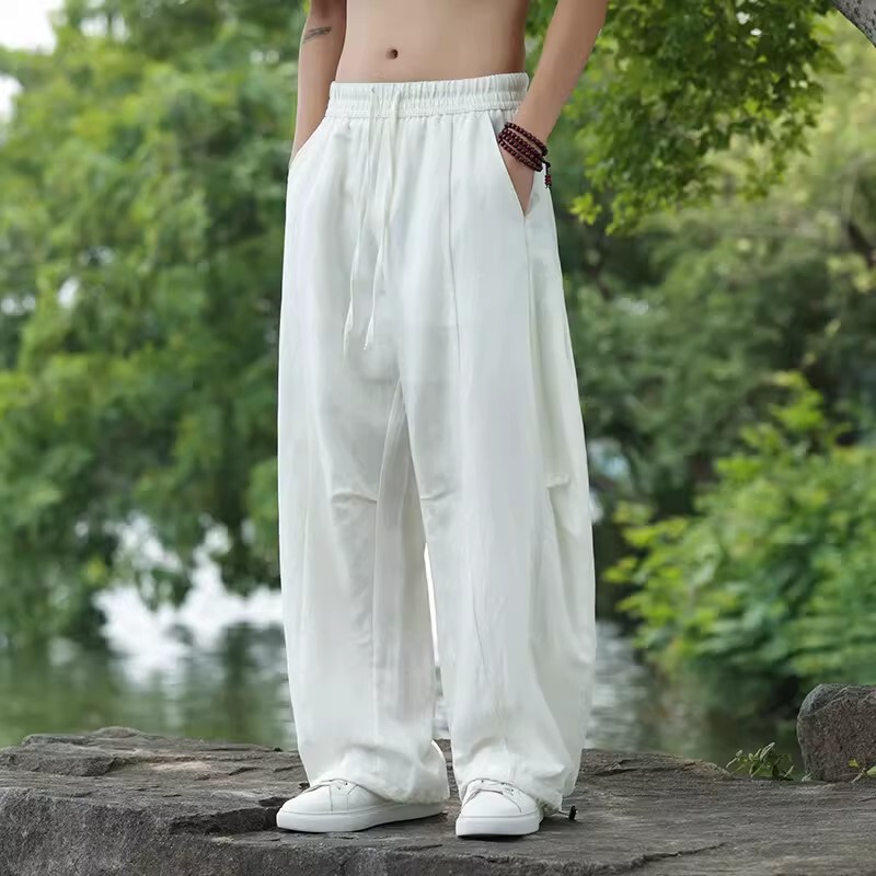 Kuraishi Kazuki Summer Chinese Style Men's Cotton and Linen Tai Chi Pants Loose Linen Straight Pants Wide-Leg Casual Long Pants