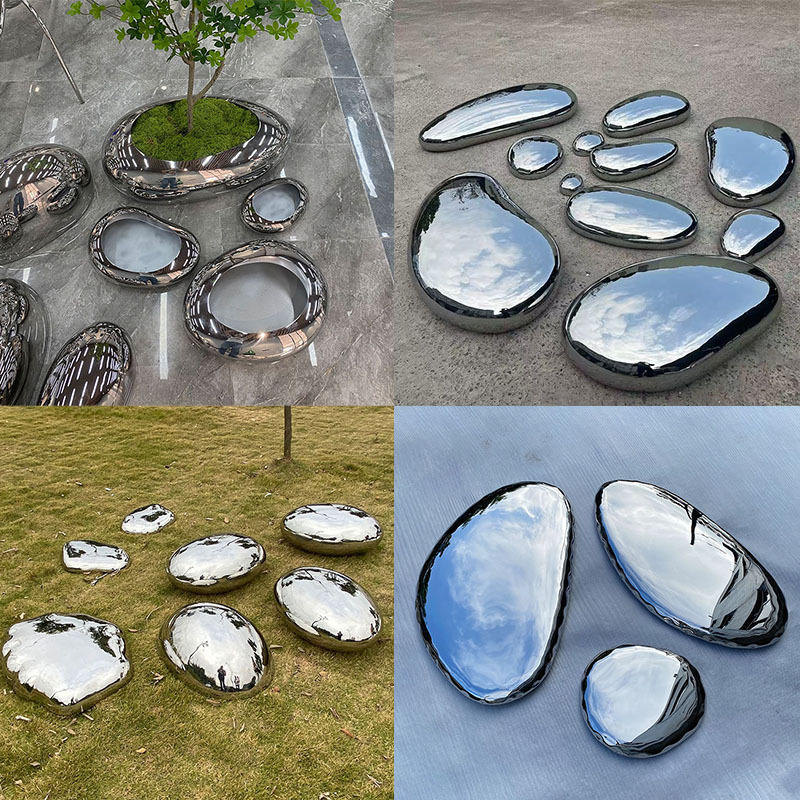 Stainless Steel Water Drop Pebble Stone Flower Pot Mirror Sculpture in Stock for Pool, Courtyard, Sales Office, Garden Landscape Decoration