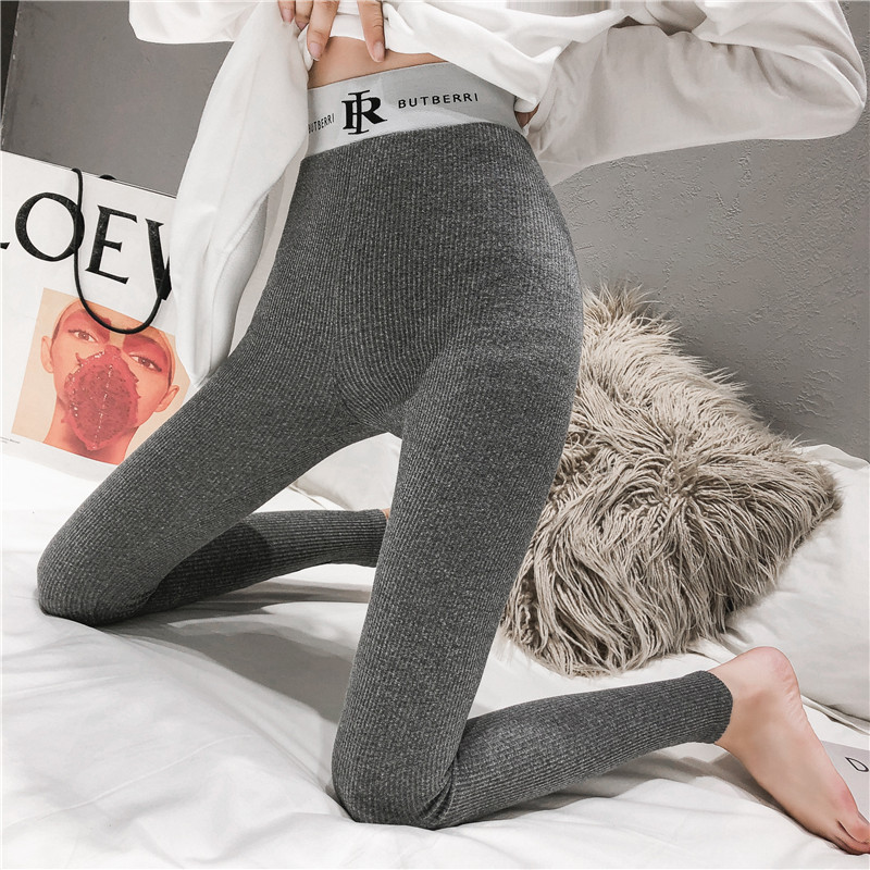 2023 spring and autumn pure cotton gray threaded leggings women's outerwear thin section high waist tight long johns plus velvet and thick winter