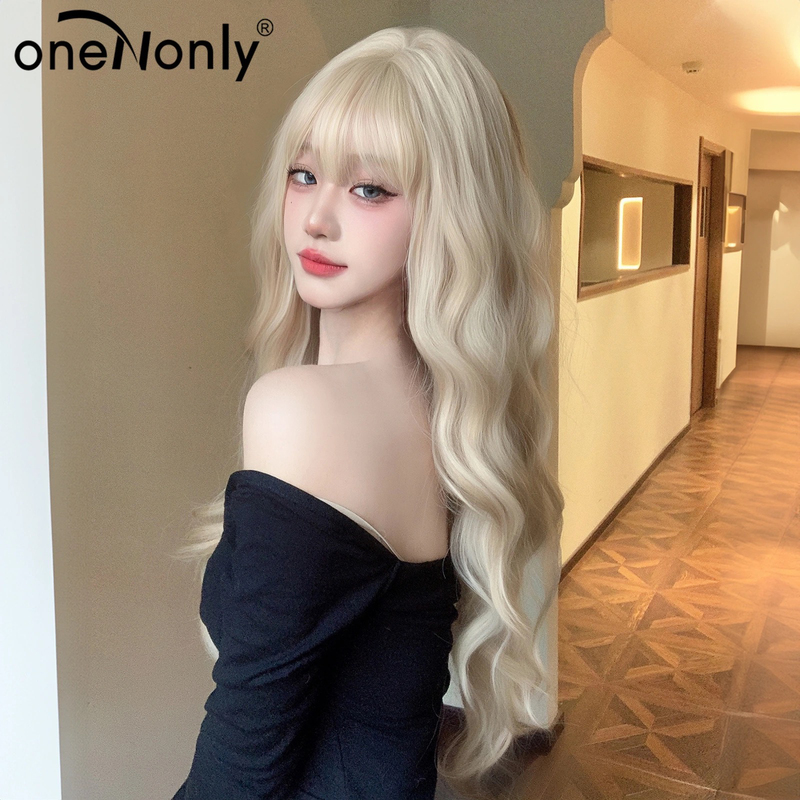 Korean-Style Realistic High-End Platinum Blonde Wig for Women, Popular on Tiktok, Long Curly Hair with Bangs, Big Waves, Natural-Looking