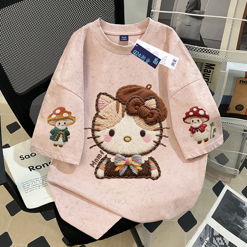Trendy Cartoon Tie-Dye Short-Sleeve T-Shirt for Girls, Summer 2026 New Style, Loose Fit, Medium and Large Children, Faux Embroidery Half-Sleeve Top