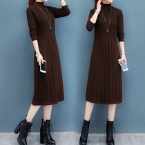 Posture three-color high-neck over-the-knee knitted sweater dress 2021 spring new slim thickened medium-long base skirt ZC