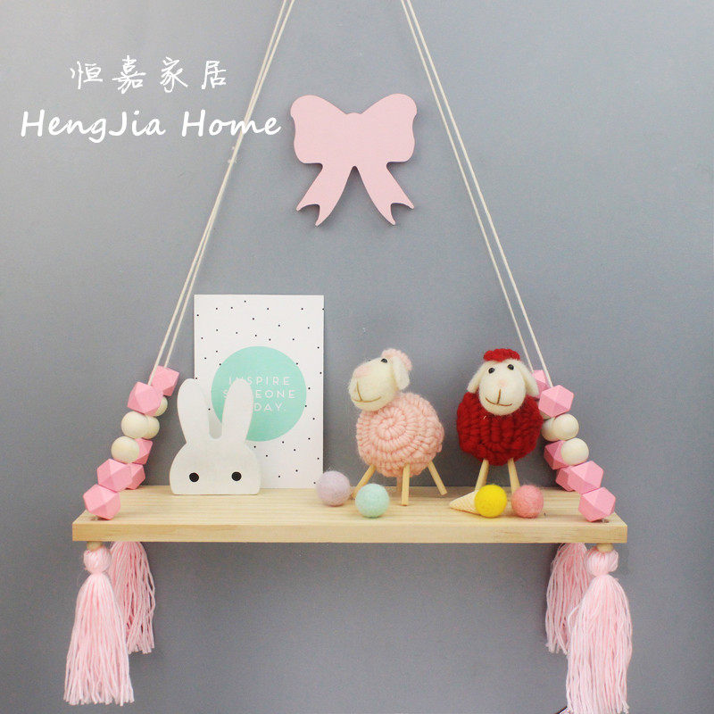 ins Nordic style Children's room wall shelf decorative frame Bedroom solid wood wall decoration free hole wall partition