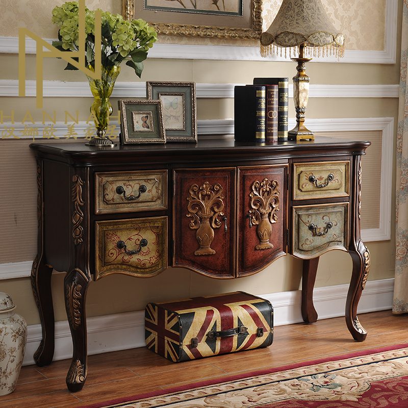 American Mediterranean-Style Vintage Solid Wood Painted Entryway Cabinet, Entryway Table in Blue and Brown Wood, Gold Sideboard, Bulk Promotion American Mediterranean-Style Vintage Solid Wood Painted Entryway Cabinet, Entryway Table in Blue and Brown Wood, Gold Sideboard, Bulk Promotion