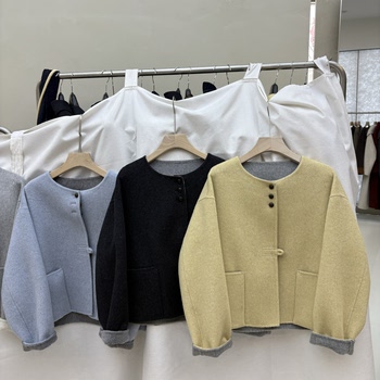 2025 autumn and winter new double-sided cashmere coat for women short korean version round neck loose slim small wool jacket