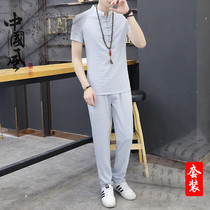 Chinese style breathable Ice Silk Tang suit mens Tide brand earth summer retro casual thin ankle-length pants two-piece Summer Set