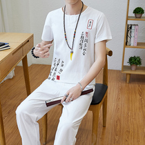 Flax suit mens summer thin casual mens set with handsome mature soil Chinese cotton linen two-piece set