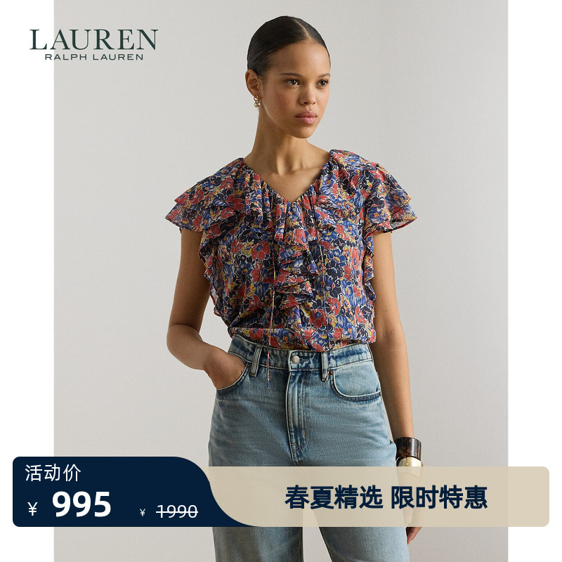 Lauren/Ralph Lauren Women's Clothing 26 Spring Loose Fit Floral Pattern Ruffle Women's Shirt Rl63042 Lauren/Ralph Lauren Women's Clothing 26 Spring Loose Fit Floral Pattern Ruffle Women's Shirt Rl63042