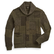 RRL Mens Fall 24 loose version patchwork green fruit collar knitted cardigan RL93729