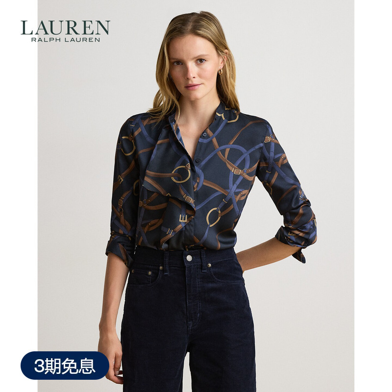Lauren/Ralph Lauren Women's Fall 26 Belted Printed Ruffled Twill Shirt Rl63294 Lauren/Ralph Lauren Women's Fall 26 Belted Printed Ruffled Twill Shirt Rl63294