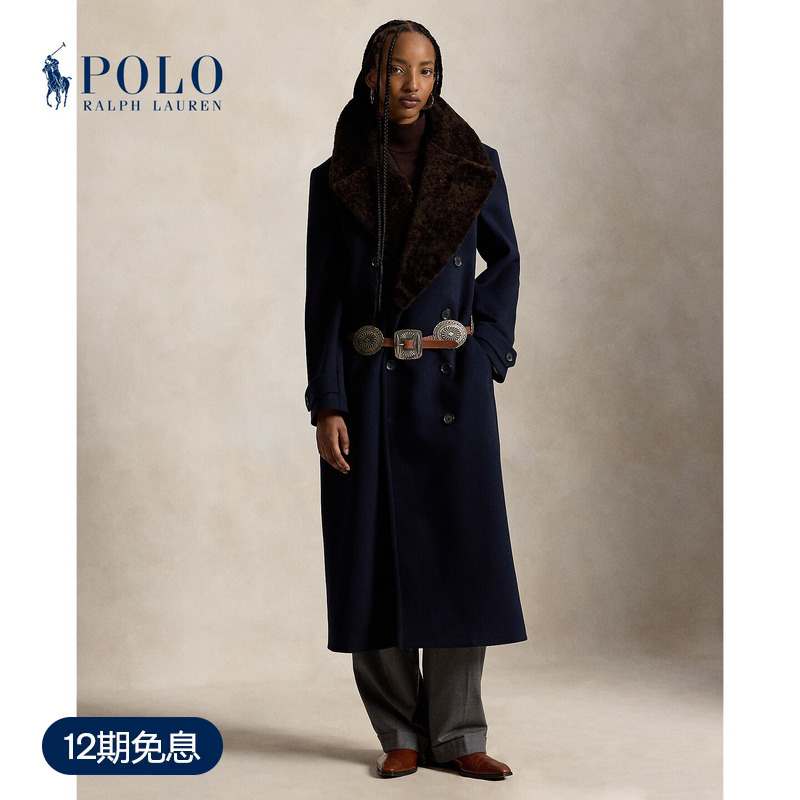 Ralph Lauren Women's Shearling Leather Collar Wool Melton Tweed Double-Breasted Coat Ralph Lauren Women's Shearling Leather Collar Wool Melton Tweed Double-Breasted Coat