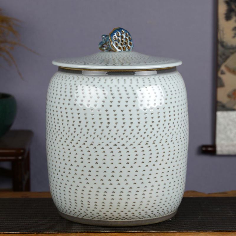 Jingdezhen ceramic barrel with cover tank 20 jins 30 jins home ricer box sealed bucket tea water storage tank meter box