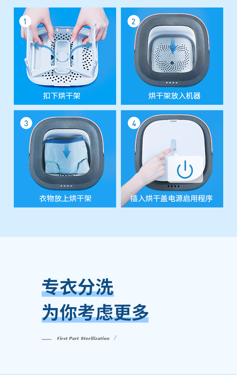 【中國直郵】摩魚 折疊洗衣機 小型便攜式內褲清洗機 XPB08-F2G 洗烘一體可瀝水款 灰白色 美規款